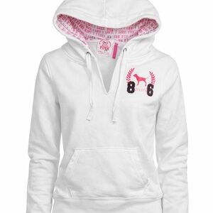 PINK Victoria Secret Vintage White Pullover Hoodie Sweater Top Pink Logo Accent